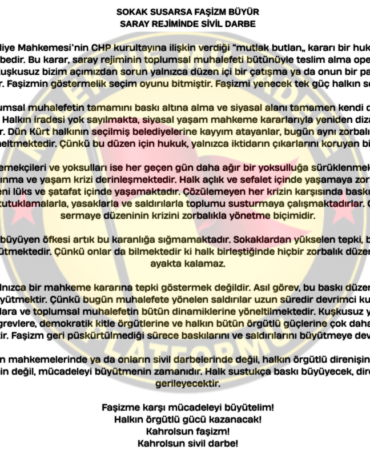 SOKAK SUSARSA FAŞİZM BÜYÜR SARAY REJİMİNDE SİVİL DARBE Ankara Bölge Adliye Mahkemesi’nin CHP kurultayına ilişkin verdiği “mutlak butlan” kararı bir hukuk meselesi değil, açık bir sivil darbedir. B (1)